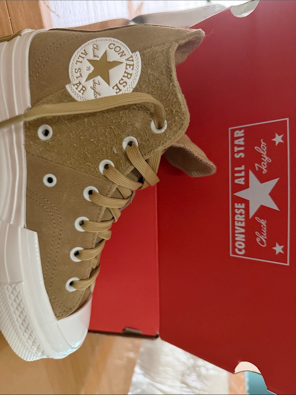 Converse High Top Sneakers in Tan Suede with White Sole